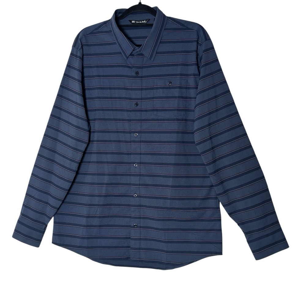 Travis Mathew Shirt‎ Mens Size XL Blue Striped Lo G Sleeve Stretch Button Front